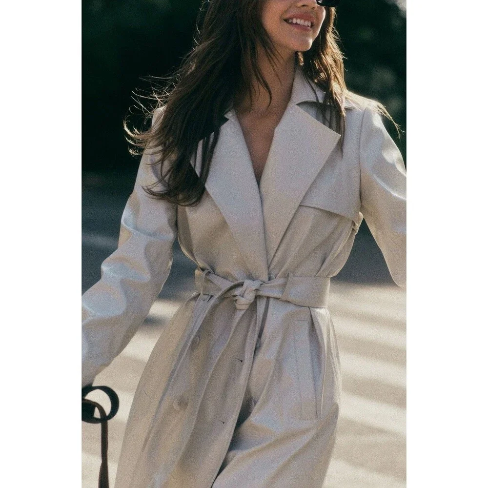 Anthropologie Trench Coat Women Ivory Belted High Shine Preppy Boho Size 4 NWT